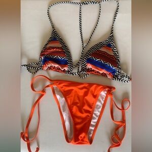 NWOT orange tanga bottom with colorful wrap bikini top Large